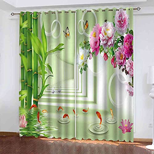 STWREO Rideau Occultants Extension Spatiale des Fleurs et des Feuilles de Bambou 300x270 cm Rideau Isolant Thermique Rideau à Oeillet Moderne Microfibre Super Soft pour Chambre Salon Home Decorative,