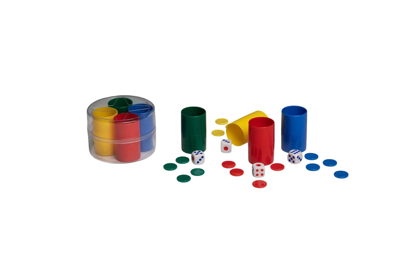 Set de Cubiletes de Plástico para Parchís y Oca, con Dados y Fichas, Multicolor (Set 4 cubiletes - Multicolor)