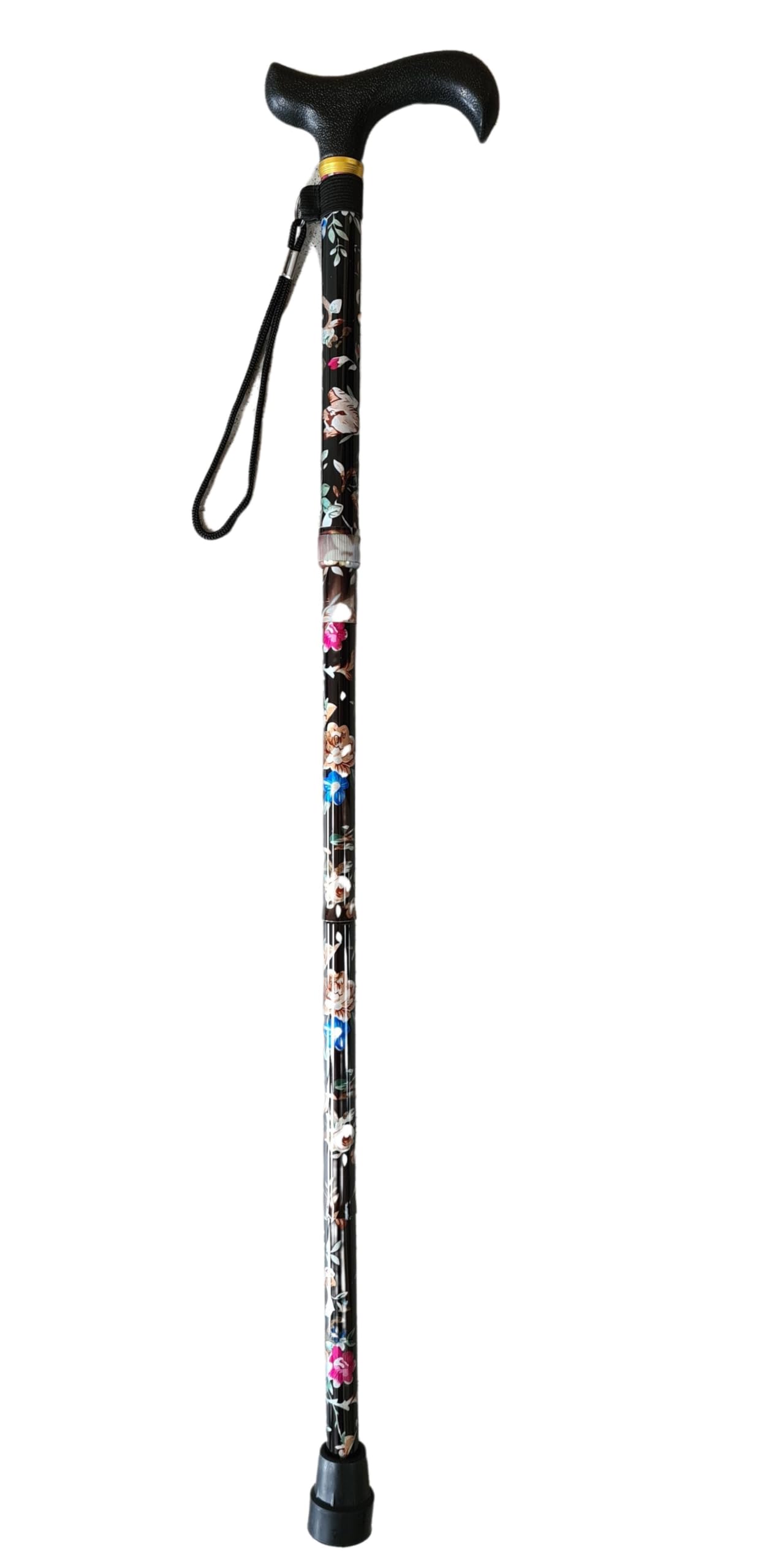 Stock-Fachmann® Höhenverstellbarer Faltbarer Gehstock Geblümt Mit Schwarzem Derbygriff Schmuckband Und Handschlaufe 5-Fach Höhenverstellbar Von 82-93cm Eigengewicht 350g Belastbar Bis 100kg