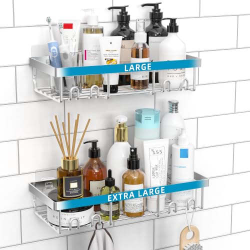 Image of Moforoco Large Silver Shower Caddy Shelf Organizer Rack, Self Adhesive Bathroom Shelves Basket, Home Farmhouse Wall Inside Organization and Storage Decor Rv Accessories