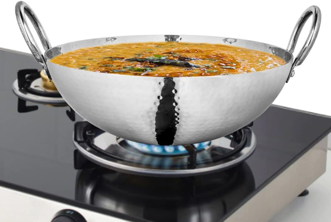 Shri & Sam Stainless Steel 1.1 Litre Triply Deep Pro Light Weight Hammered Kadhai, 18 cm, 702 Grams, Gas & Induction Compatible, 5-Year Warranty