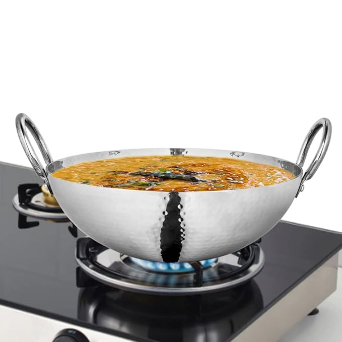 Shri & Sam Stainless Steel 1.1 Litre Triply Deep Pro Light Weight Hammered Kadhai, 18 cm, 702 Grams at Rs. 909