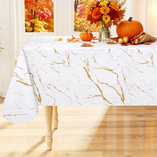 Smiry Square Table Cloth, Waterproof Vinyl Tablecloths with Flannel Backing, Wipeable Spillproof Plastic Table Cover for Dinner and Outdoor (White & Gold, 54" x 54")