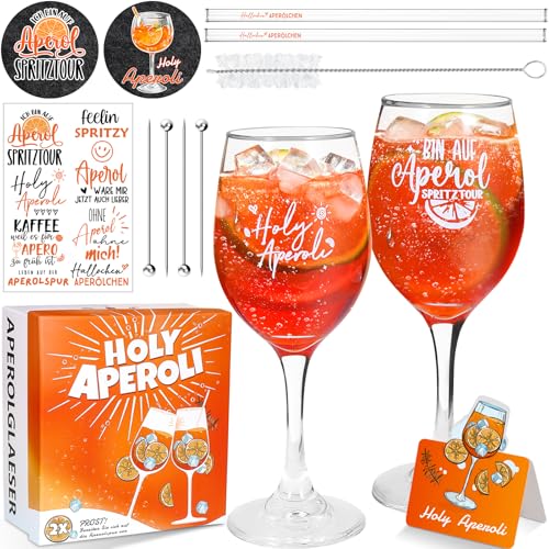 ImnBest Set di 2 bicchieri Apero con incisione cannucce di vetro | sottobicchieri, bicchieri da cocktail adesivi per aperolo, ottimo regalo