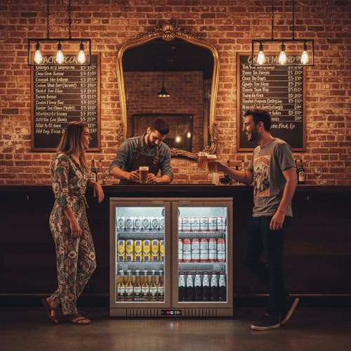 Image of BODEGA BODEGACOOLER Back Bar Cooler With 2 Glass Doors,7.4 Cu.Ft Stainless Steel Commercial Back Bar Fridgewith LED Lighting,Counter Height Bar Beverage Cooler for Beer,Soda Drinks,Wine