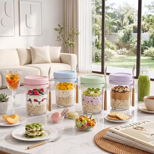 Image of 16oz Glass Overnight Oats Containers with Lids and Spoons, 4 Pack Blue