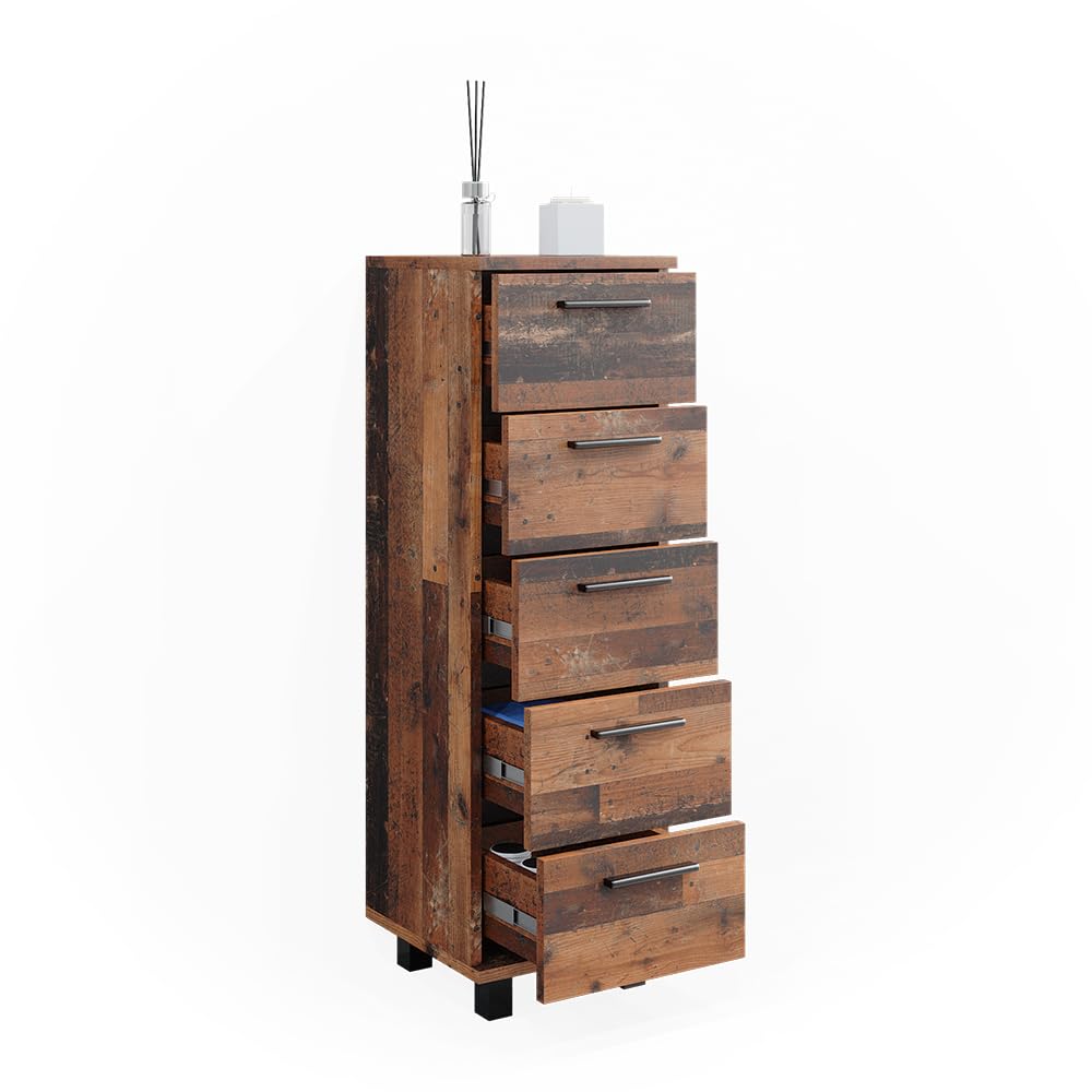 Vicco Meuble Salle de Bain Ilias, Chêne Rustique, 30x95cm avec 5 tiroirs, adapté à la Fixation Murale et Compatible avec la série Ilias