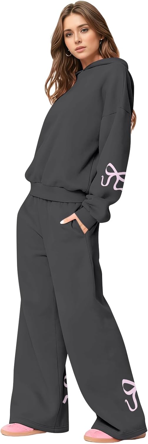 Gumipy Sweatsuits Women 2 Piece Outfit Bow Graphic Cute Hoodies Matching Wide Leg Sweatpants Lounge Sets Fleece Sweat Set - Image 5