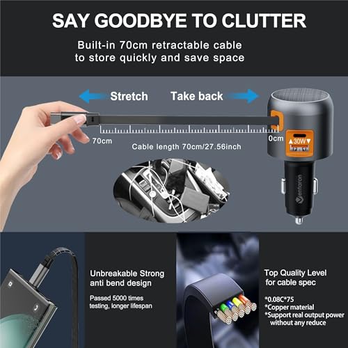 Image of 60W Retractable Car Charger, 3-Port USB-C Car Charger Adapter with Built-In Retractable Cable, Fast Charging Cigarette Lighter Adapter for iPhone 17 /16 /15, Galaxy S26 /S25, Pixel, iPad(Orange)