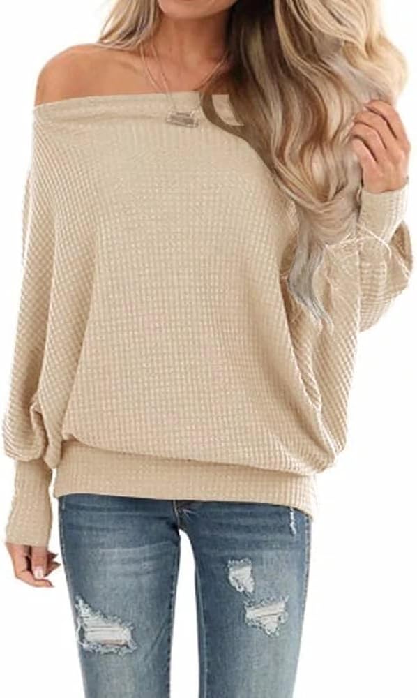 Lacozy Women's Off Shoulder Waffle Knit Sweaters Oversized