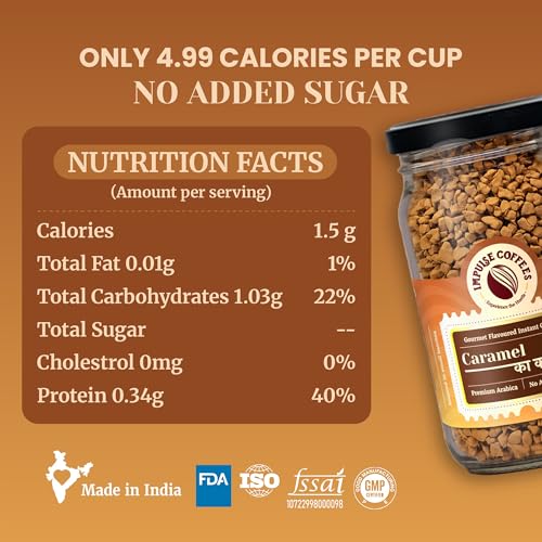 Image of Impulse Coffees Caramel Ka Kamaal Instant Coffee Powder | Sweet Caramel Flavour with Creamy Aftertaste & Indulgent Toffee Aroma | No Added Sugar Flavoured Coffee Powder for Cafe-Style Brews | 50 Gms