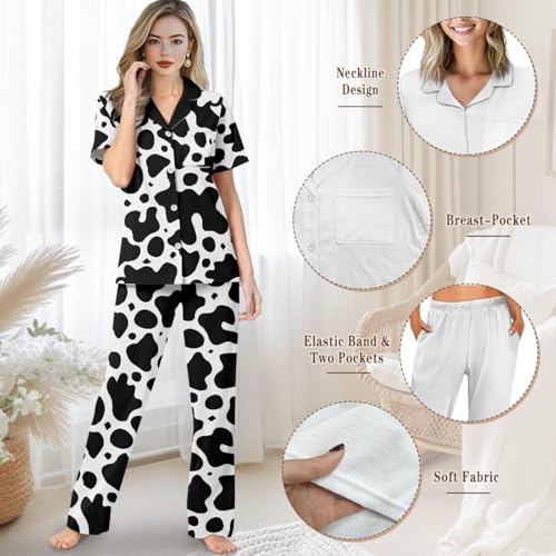 Women Pajamas Set 2 Piece Nightwear Short Sleeve Sleepwear Button Down Pj Lounge Sets with Long Pants4