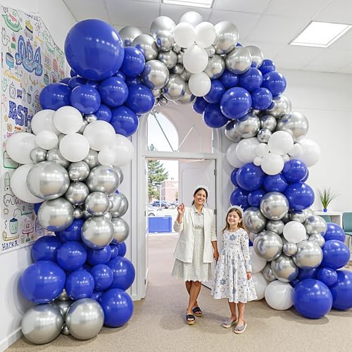 Image of 412Pcs Blue White Silver Balloon Arch Kit,18 12 10 5 Inch Different Size Royal Blue and White Balloons for Graduation Birthday Wedding Party Decorations