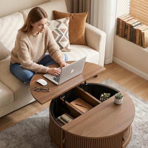 Image of Round Lift Top Coffee Table, 31.5 Inch Mid Century Modern Center Table with Hidden Storage & Sliding Door, Fluted Walnut Drum Table for Living Room