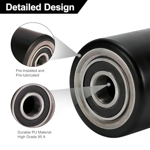 Image of Two Packs of Pallet Jack /Truck Wheels 3 inch x 3.75 inch PU Poly Tread, 20mm ID Bearings, Full Set with Axles, Pins and Entry Exit Roller