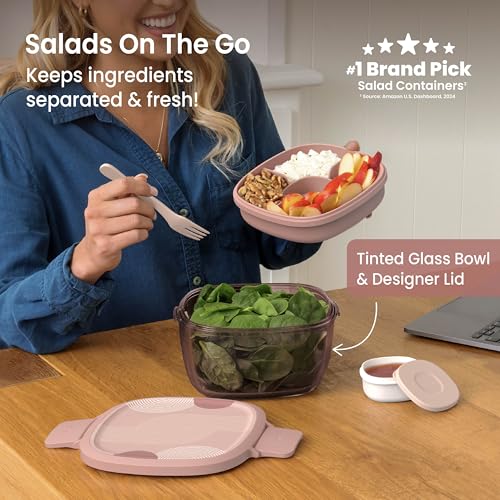 Image of Bentgo Glass Salad Container, 7.6-Cup, 4-Compartment Tray, Reusable Fork