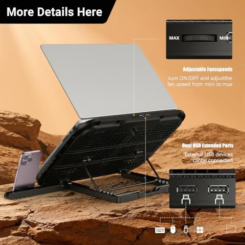 Laptop Cooling Pad with 3 Quiet Fans, 5-Level Height Adjustable Ergonomic Stand, 2 USB Ports & Phone Holder, Fits 12-17 Inch Laptops, Family-Friendly for Gaming/Work/Online Class, - Image 3