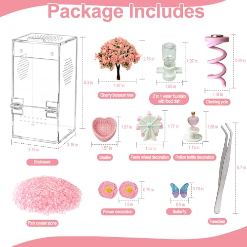 Image of Jumping Spider Enclosure,DIY Insects Habitat,Small Reptile Terrarium Glass House Accessories Set,with Jumping Platform Hide Water Feeder (Pink B)