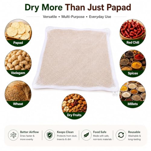Image of Papad Drying Cloth with Net Zip | Cotton Food Drying Cloth for Sun Drying | Reusable Mesh Drying Mat for Papad, Vadagam, Millets, Grains, & Dry Fruits | Protects from Birds, Dust & Insects (2) | Breathable Material