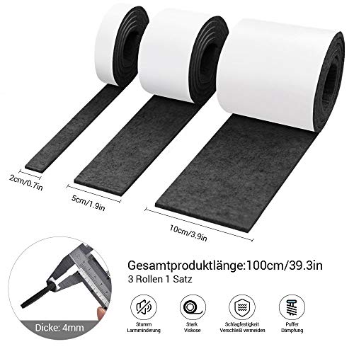 Auckpure Filzgleiter selbstklebend, 3 Rollen, Filzgleiter, schwarzer Filz, 100 cm x 10 cm, 100 cm x 5 cm, 100 cm x 2 cm, Möbelgleiter… – Ansicht 2
