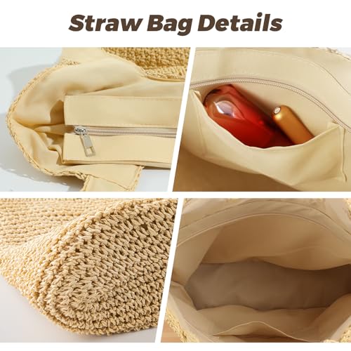 Image of Pleneal Straw Beach Bags for Women - Women Beach Handmade Woven Tote Bag, Summer Mesh Hollow Shoulder Bag for Holiday