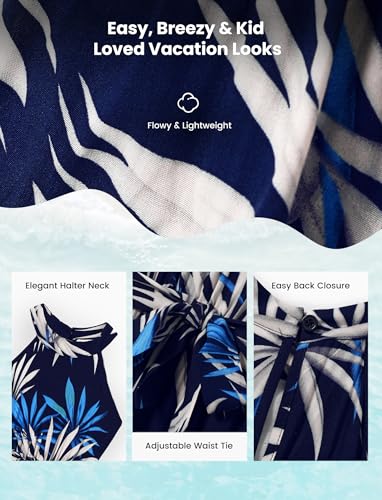 Image of PATPAT Family Hawaiian Matching Outfits - Mommy and Me Vacation Outfits | Halter Sundresses and Button Down Shirts,Caribbean Vacation Summer Tropical Outfits,Hawaiian Boho Tropical Floral Printed