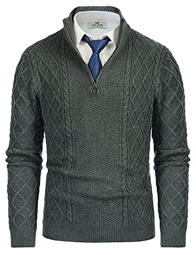 PJ PAUL JONES Men's Cable Knitted Pullover Sweater Mock Up Quarter Zip Sweater Dark Gray 2XL