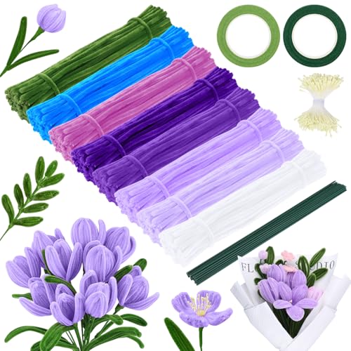 iulrtba 600 Stück Pfeifenputzer zum Basteln, 8 Farben Pfeifenreiniger Blumen Set, Pfeifenreiniger zum Basteln mit 350 Staubgefäße, 30 Basteldraht, 2 Blütenstiel Klebeband für Blumenstrauß DIY Deko