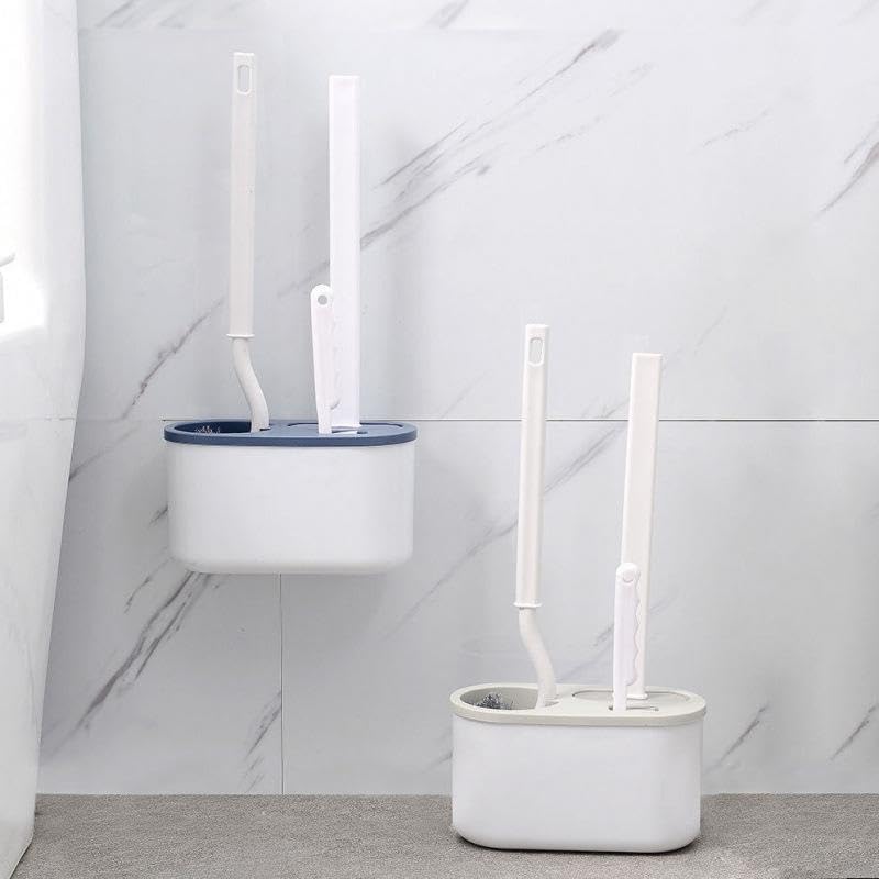 Image of Toilet Bowl Brush and Holder Wall Mounted Silicone Flat Toilet Cleaner Set Cleaning Tool Bathroom Cute Tool Toilet Scrubber Long Handle Toilet Brush with Plastic Handle (3 in 1 Toilet Bowl)