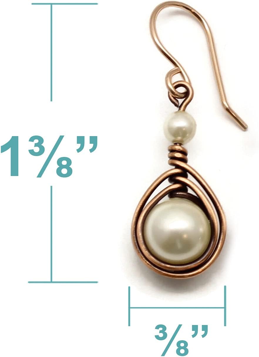 Pillar of Salt Studio Handcrafted Copper Earrings with Simulated Pearl and Rose Gold-filled Ear wires (Antiqued Copper, 1" drop, Cream)
