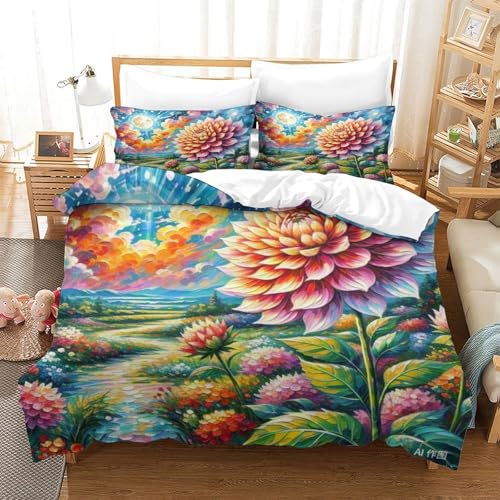 Housse de couette dahlie 3D avec fermeture éclair cachée en microfibre