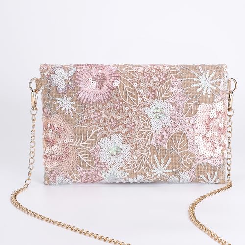Image of Clutch Purses for Women, Envelope Package, Sequin Embroidered Flowers Straw Bag, Bohemian Handmade Handbags