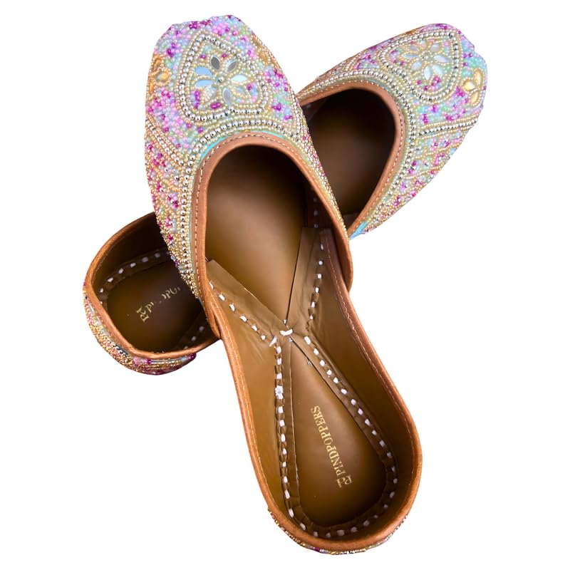 Women's Handcrafted Embroidered Punjabi Jutti | Premium Leather Ethnic Flats with Pearl & Bead Work | Comfortable Slip-On Mojari Shoes for Wedding Festive Party-picture-50