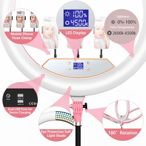 Image of 22 inchRing Light with Stand,Ring Light Tripod for iPhone ipad,with 75 inchTripod /LCD Display /4 ipad iPhone Clips /2 USB Ports,2600K-6500K Color Temperature,for Barber Makeup Tattoo TikTok Video Recording Vlog