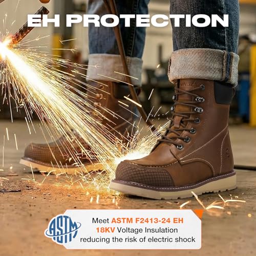 Image of NINGO Steel Toe Work Boots for Men, 6 Inch Full Grain Leather Moc Toe Boots for Men with Non Slip Wedge Outsole, Durable TPU Protective Toe Cap Mens Safety Shoes EH Rated for Construction Welding