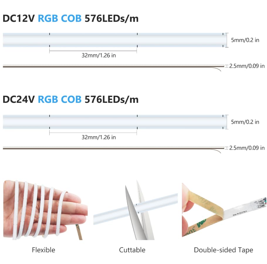 Tira LED RGB COB de 5 mm 5V 12V 24V Alta Densidad miniatura 3