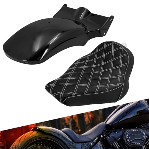 HCmotorku Motorcycle Rear Fender with LED Lights Driver Solo Seat Fit For Harley Softail Breakout FXBR FXBRS 2018-2024 (White Stitching)