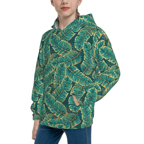 Gold and Green Tropic Leaves Kid Hoodies Boys Sweatshirts Girls Pullover with Pocket2