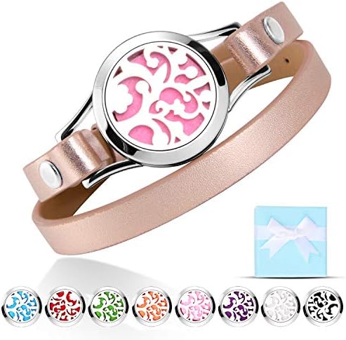 Essential Oil Diffuser Bracelet, Conor Stainless Steel Aromatherapy Locket Bracelet & Leather Band with 8pcs Washable Refill Pads Jewelry Gifts for Women, Girlfriend, Mother,Sister, Aunt
