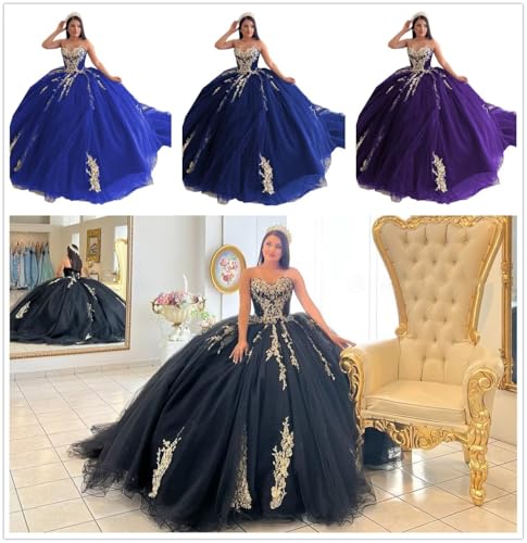 Strapless 2025 Quinceanera Dresses Sheer Tulle with Gold Appliques Ball Gowns Beaded Sequins Prom Dress4