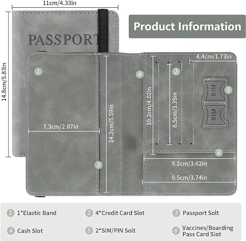 Image of PU Leather Passport Holder Travel Wallet Organiser for Men & Women | 4 Card Slots 2 SIM Slots Money Case | Travel Document Case Cover Passport Pouch Slim Unisex Gift - Grey