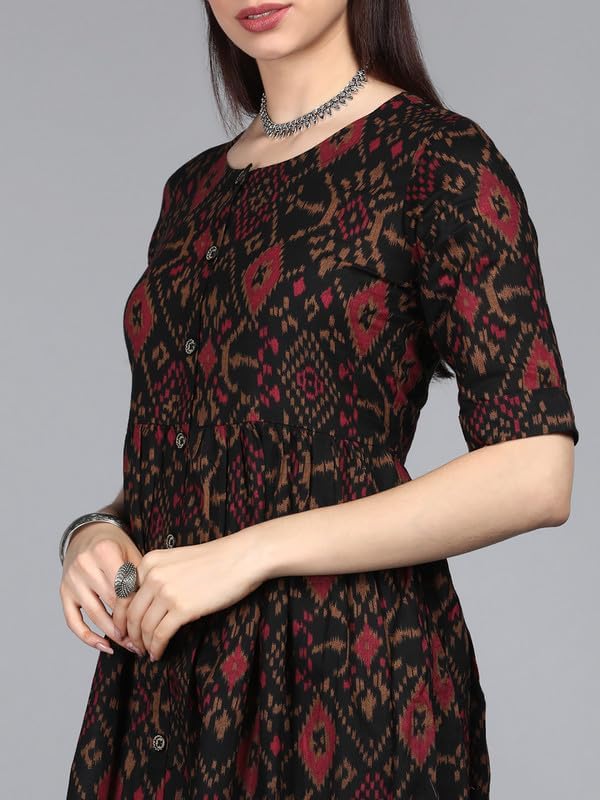 Image of Vaamsi Women's Geometric Printed Flared Kurta (VCK1371A Black)