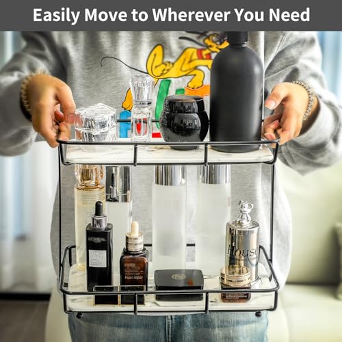 Image of Bathroom Organizer Countertop Perfume Organizer Makeup Organizer Cosmetics Storage Display Rack Vanity Tray Dresser Stainless Steel Gold Shelf White Marble Ceramic Tray (2 Tier L-Black)