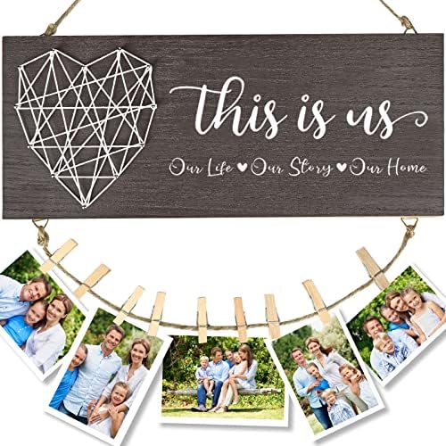 MIOKUP Gifts for Couples,Best Brithday Gifts for Mom Women,House warming Gifts New Home Wall Decor,This Is Us Family Picture Frame,Wedding Gifts for Couples,Rustic Wood Hanging Photo Holder (Walnut Brown)