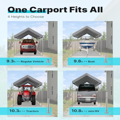 Image of ADVANCE OUTDOOR 10x20 ft Heavy Duty Carport Potable Car Canopy Garage Party Tent Boat Shelter, Adjustable Height from 9.5 ft to 11 ft - Gray