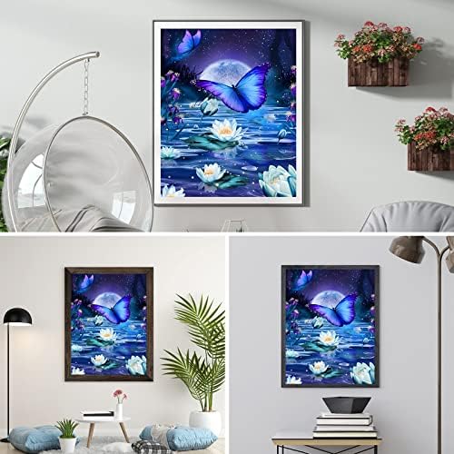AIRDEA 5D Butterfly Diamond Painting Kits for Adults Kids, DIY Moonlight Diamond Painting Kits, Round Full Drill Flowers Diamond Art Kits Lotus Gem Art Painting Picture Home Wall Decor 11.8x15.7 inch