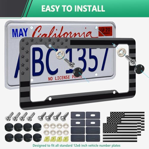Image of Black American Flag License Plate Frame - 2 Pack Patriotic Car Tag Frames | Front & Rear, USA Holder, 4 Hole, 3D Embossed Stars & Stripes, Includes Mounting Hardware
