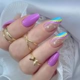FULDGAENR Purple Press on Nails Medium Fake Nails with Glossy Colorful Wave Designs,Almond Full Cove