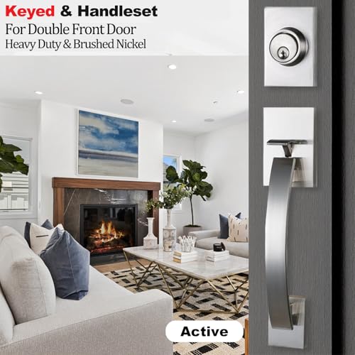 Image of NEWBANG Front Door Entry Handle and Deadbolt Lock Set - Satin Nickel Finish,MDHST2017SN-BR