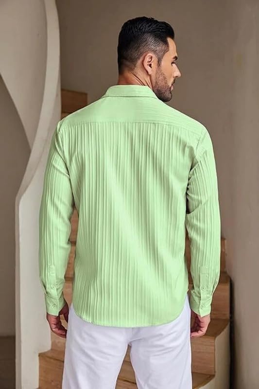 Image of DEELMO Combo of Men's Casual Button Down Shirts Long Sleeve Linen Shirt Fashion Textured Summer Shirts Pack of 2